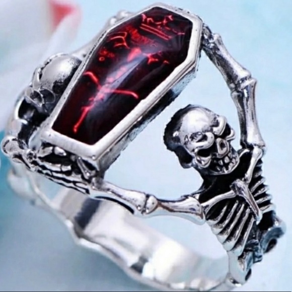 Red Coffin Vintage Silver Men Ring Skeleton Skull - Picture 2 of 5